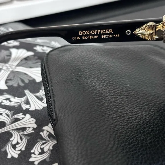 Chrome Hearts “Box-Officer”Sunglasses, Gloss Black with 18k Gold Plated Design